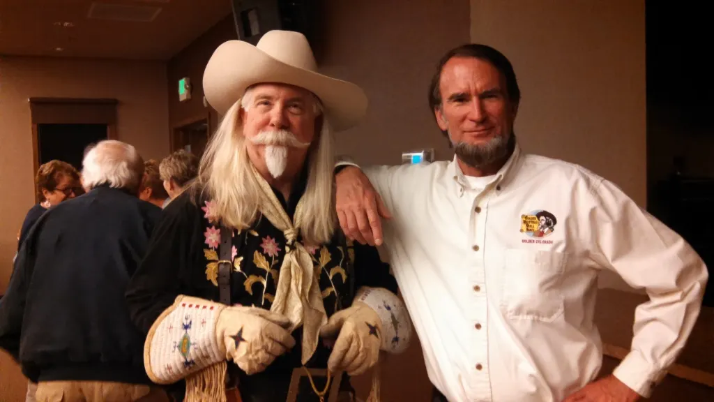 Buffalo Bill reenactor Gunny Jeff, with his mentor, Abraham Lincoln reenactor, John Voehl at the Buffalo Bill Experience show for Roxborough Park Historic Society