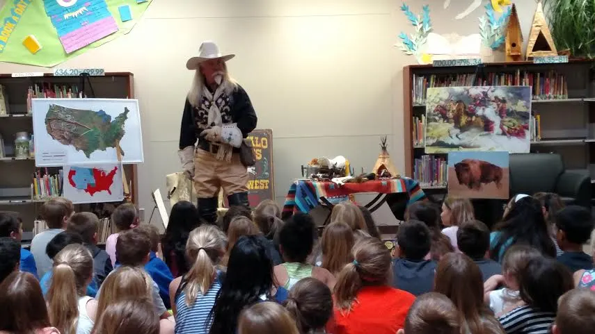 "Edutainer" and Buffalo Bill reenactor Gunny Jeff of the Buffalo Bill Experience with all eyes on his story tellin' at Pine Grove Elementary!