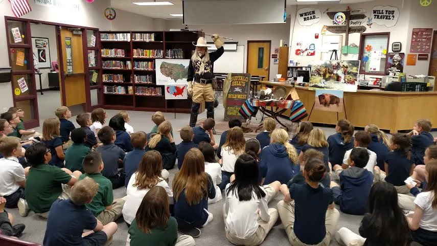 "Edutainment" Buffalo Bill style, courtesy of Buffalo Bill impersonator Gunny Jeff of the Buffalo Bill Experience with the sharp kids at Platte River Academy.