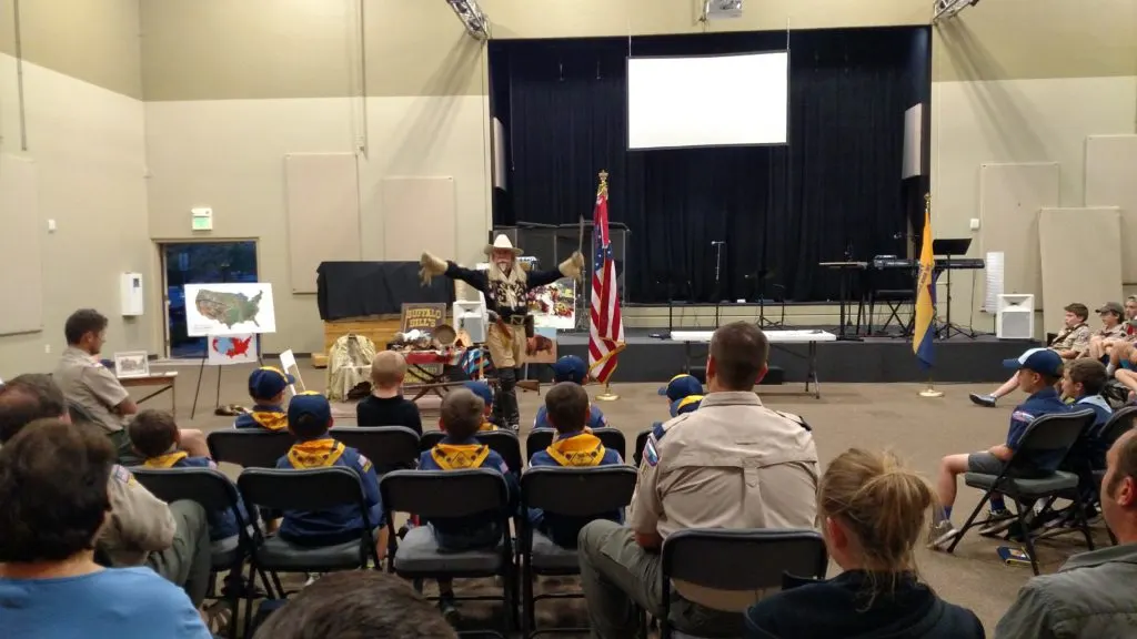 Buffalo Bill reenactor Gunny Jeff telling the Scouts of Pack 788 all about their scouting roots!